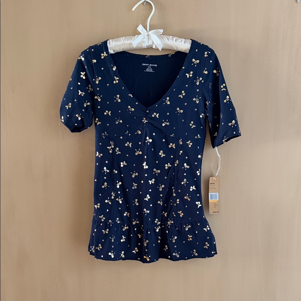 DKNY Jeans - Navy Blouse with Gold Floral Accents, NWT